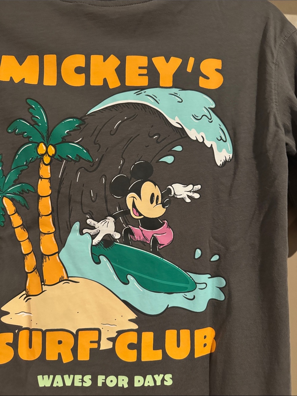 H&M Charcoal Tee with Yellow & Pink Mickey Surf Graphic 8/10